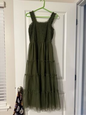 Olive Green Tiered Tulle Maxi Dress with Ruffle Straps